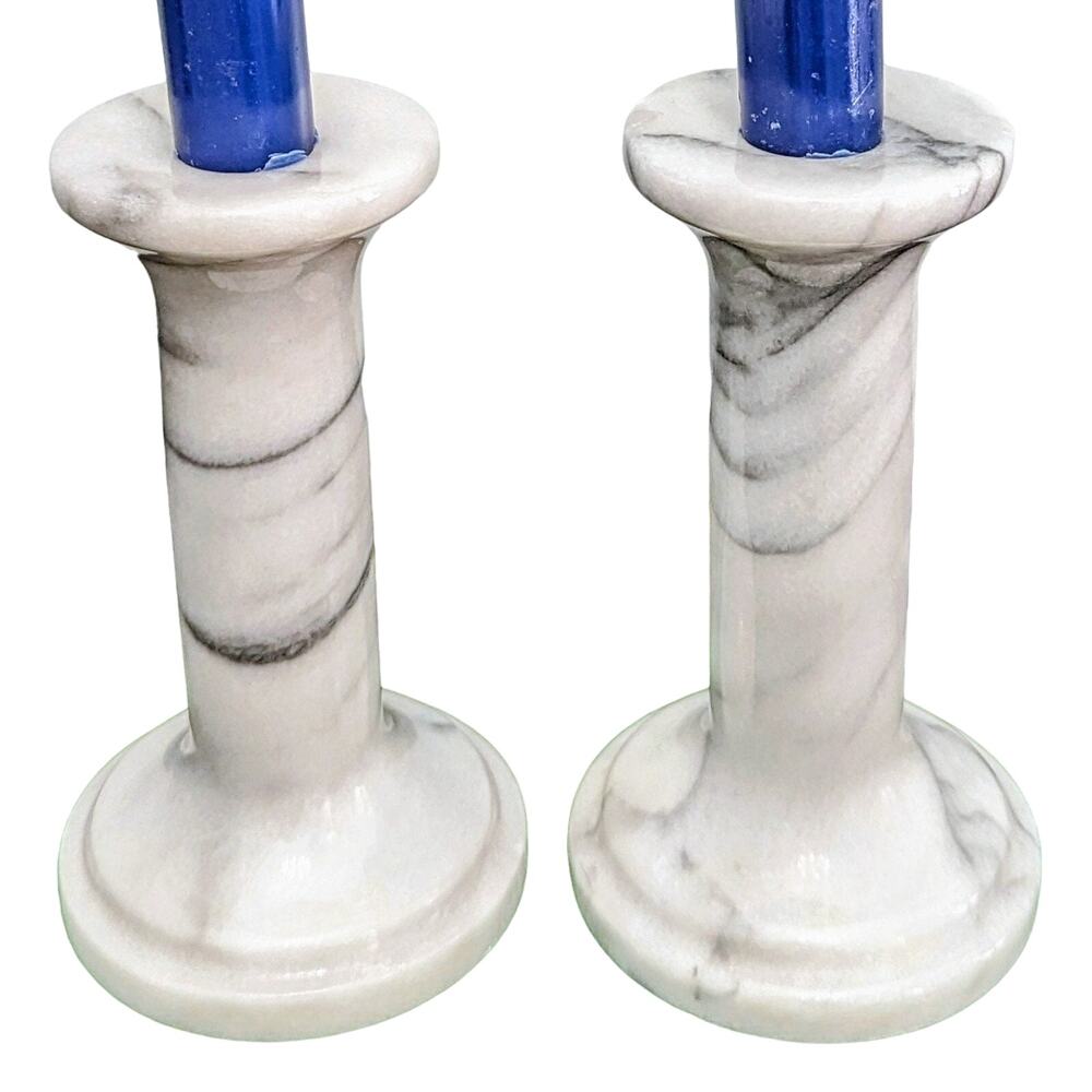 White Marble candlestick holders taper candle pair 6" vintage Classic decor